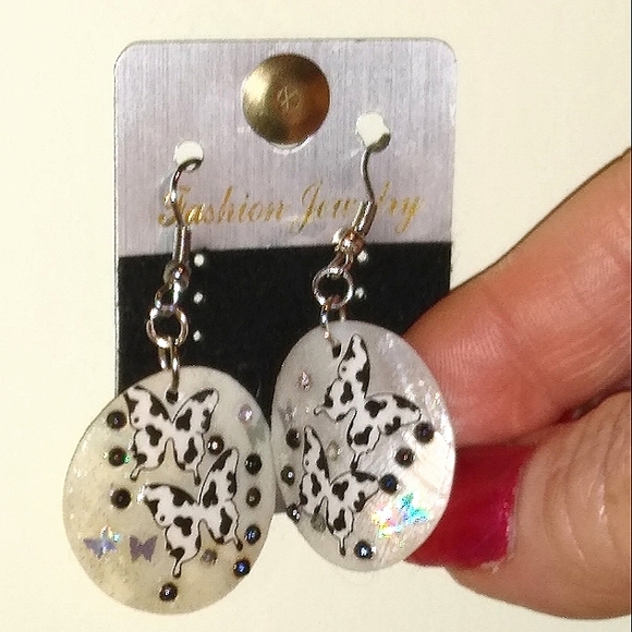 Cow Print Butterfly Sparkly Earrings - Picture 2 of 8